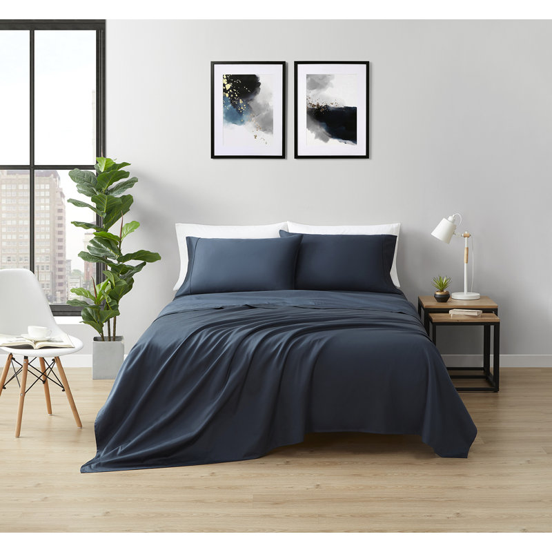 Ensemble de draps en satin 100 % coton d'une contexture de 400 fils, Très grand, Bleuet