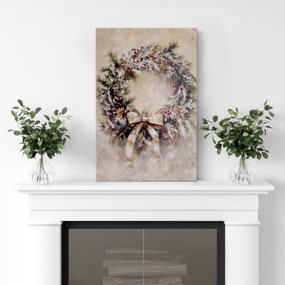 Winter Wreath Christmas Pine Wreath with Berries, Pinecones, and Ribbon Decor Modern Art Warm