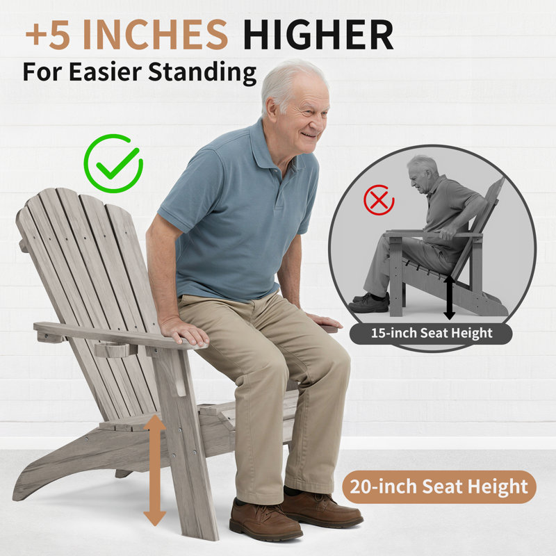 Chaise de patio Adirondack, surdimensionné pour l'extérieur 350 lb avec porte-gobelet, siège d'extérieur toutes saisons résistant aux intempéries et à la décoloration, gris clair