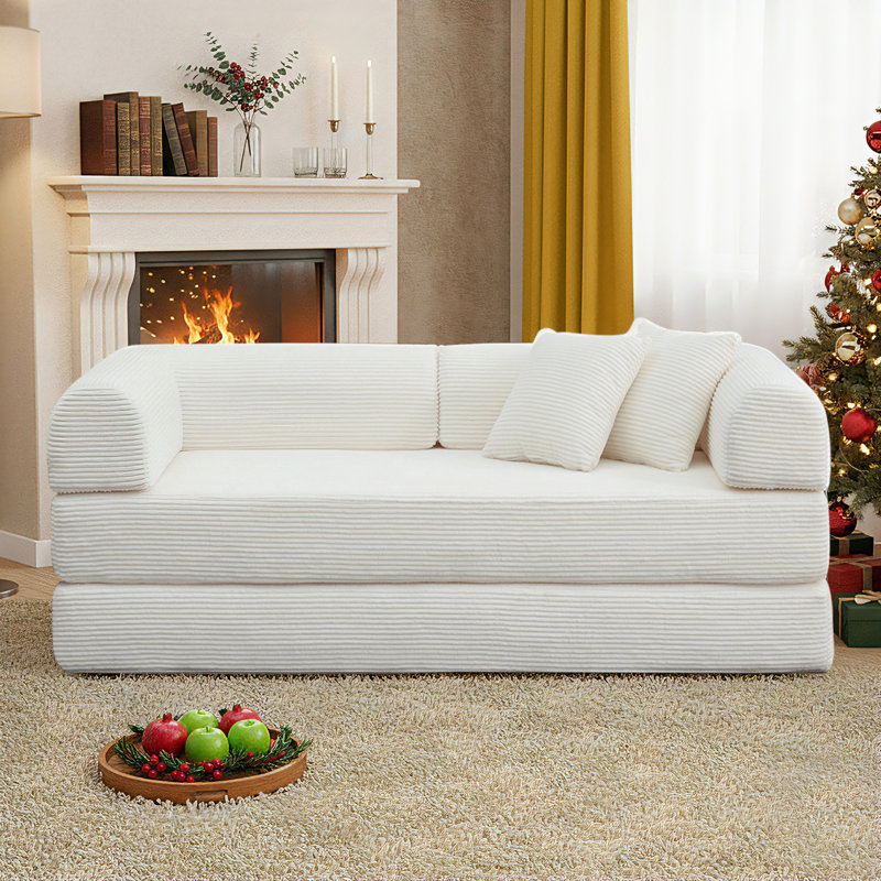 Canapé-lit de 63 po en velours côtelé désossé, canapé futon modulaire, canapé en mousse à compression avec 2 coussins, aucun assemblage requis