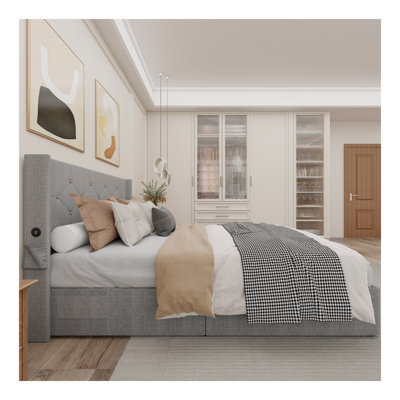 Structure de lit double avec lit de rangement à vérin à gaz avec tête de lit moderne à oreilles, ports USB