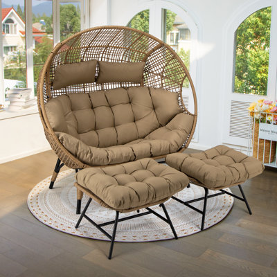 Daleigh 2 Person Outdoor Club Chair Wicker Lounge Egg Chair with Ottomans and Cushion