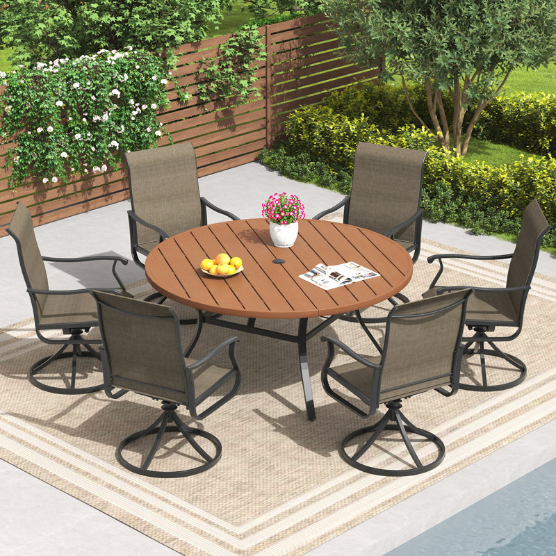 6-Person Patio dining set with 56" Faux Wood Plastic Dining Table and PVC-coated polyester Swivel Dining Chair, Tan/Brown