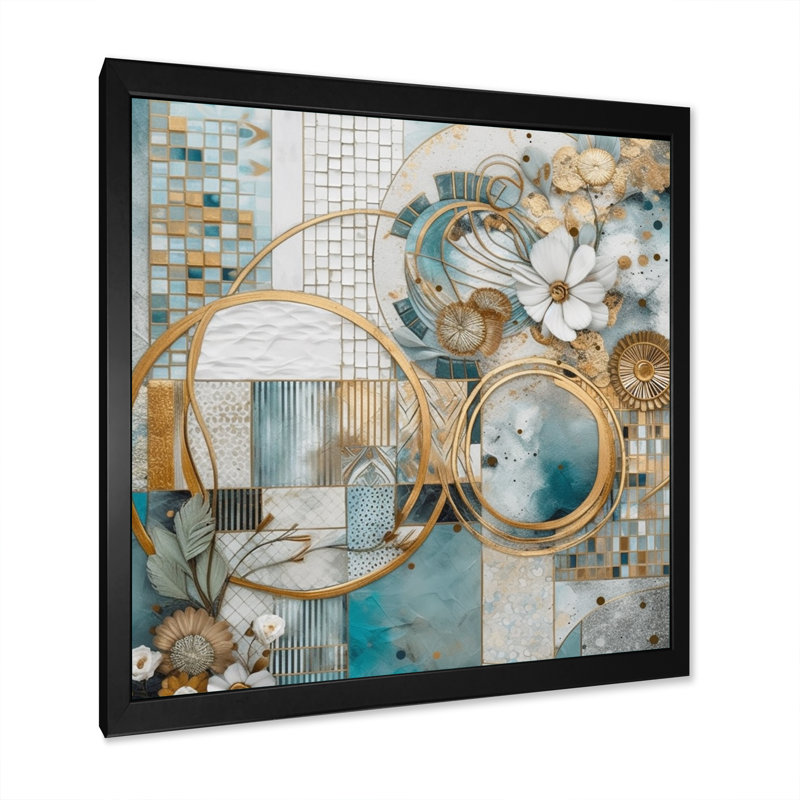 Motif floral doré bleu mosaïque II - décoration murale florale, H 24 po x l 24 po, Cadre photo noir