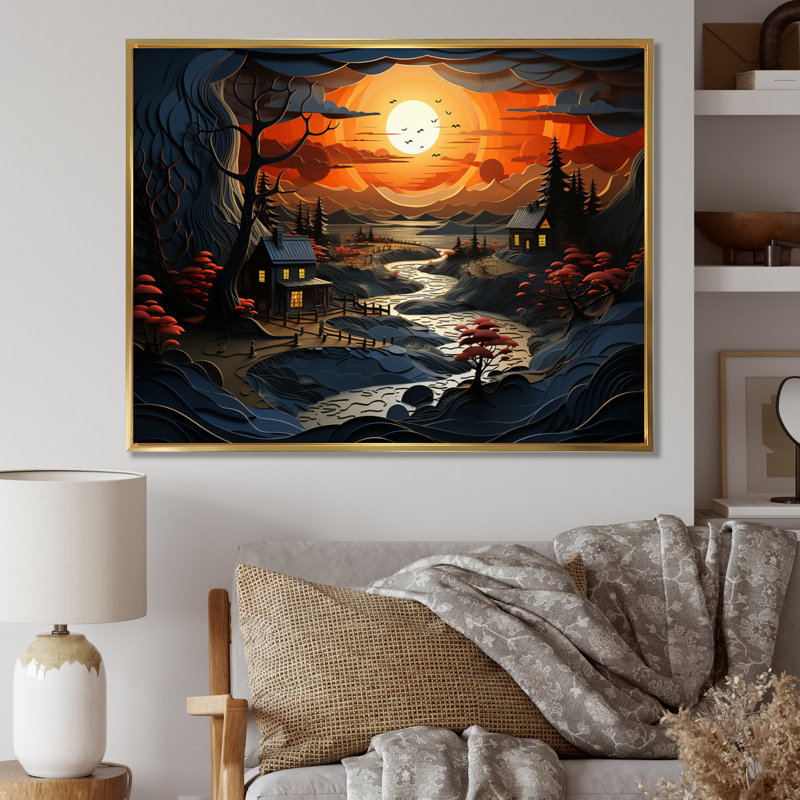 Martize " Farmhouse Evening Glow Papercut ", Gold Floater Framed, 12" H x 20" W x 1" D