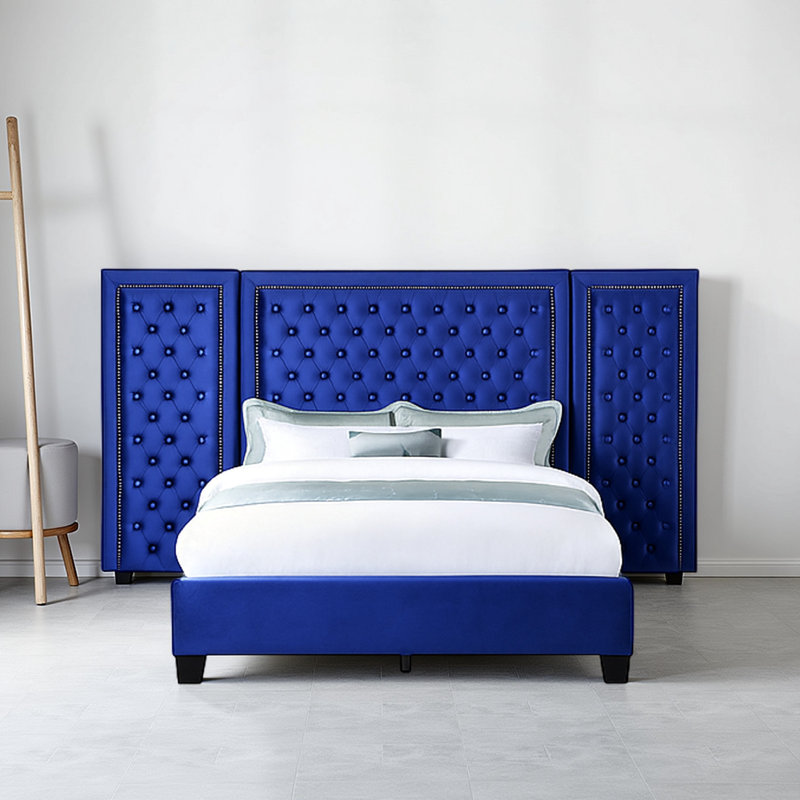 Lit plateforme tapissier Mayola, Bleu, Grand