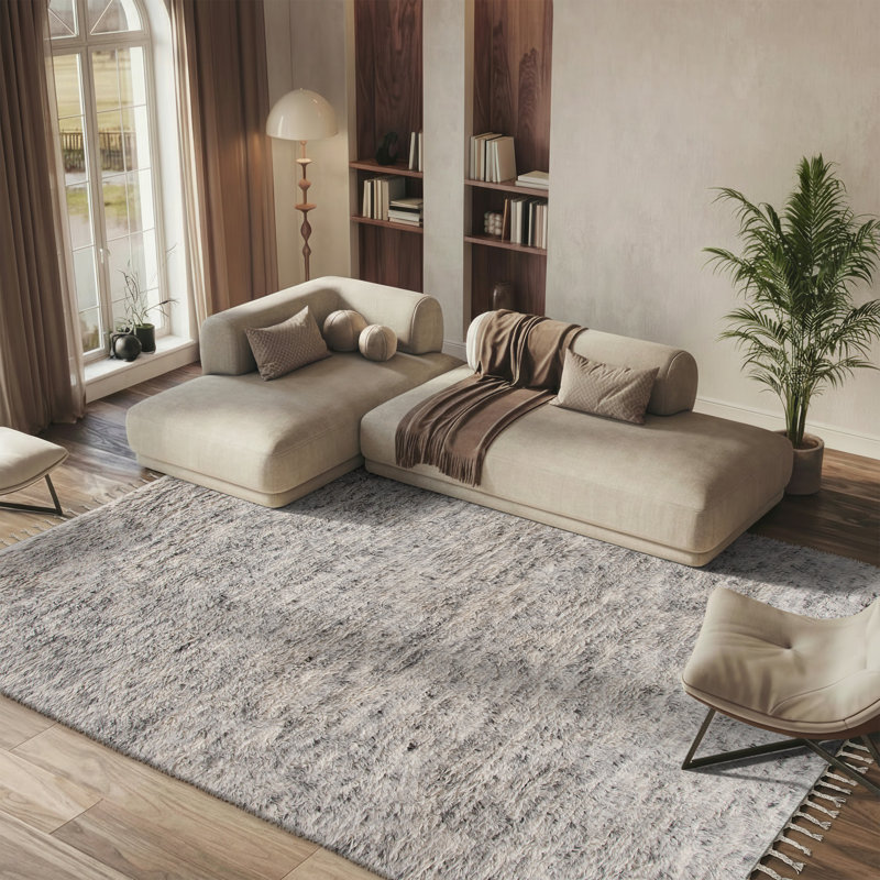 Tapis de couloir gris en laine tissé à la main Janis, Rectangle 8 pi x 10 pi