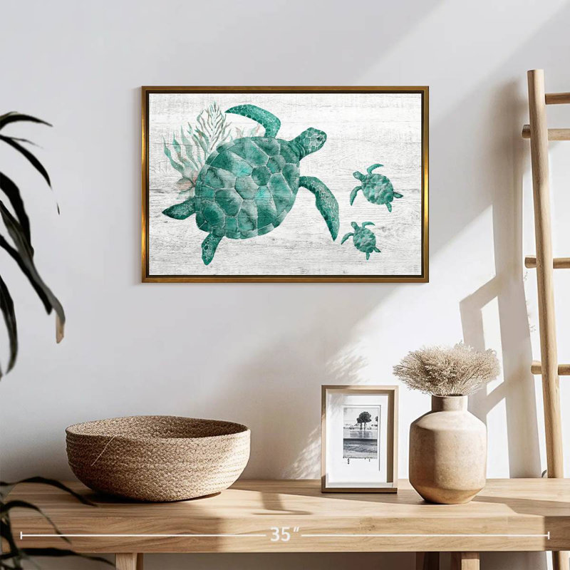 Famille de tortues en bois, 19 po x 13 po, Cadre flottant doré