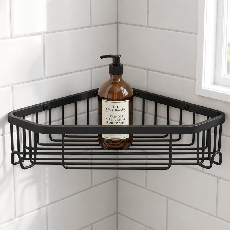 Ensemble de 2 tablettes de salle de bain en coin en acier inoxydable avec crochets SUS304