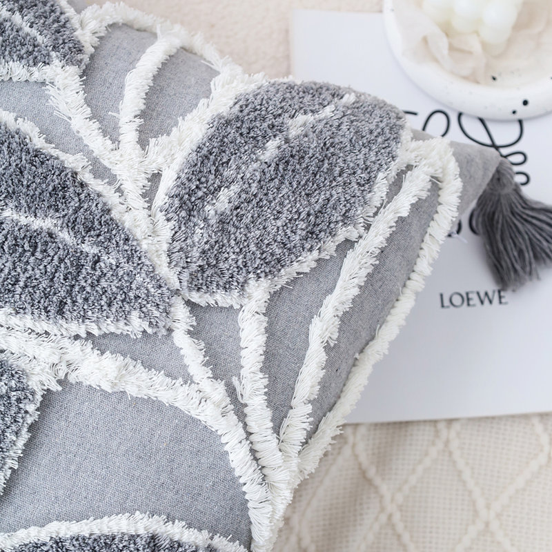 Gray Boho Tufted Leaf Decorative Throw Pillow FULL set with inserts size 18"x18", Gray