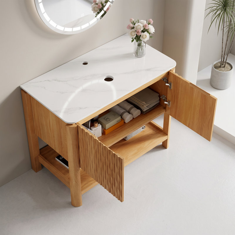 36" Freestanding Modern Fluted Bathroom Vanity Cabinet, Sintered Stone Top, Light Wood, Not Sink Included