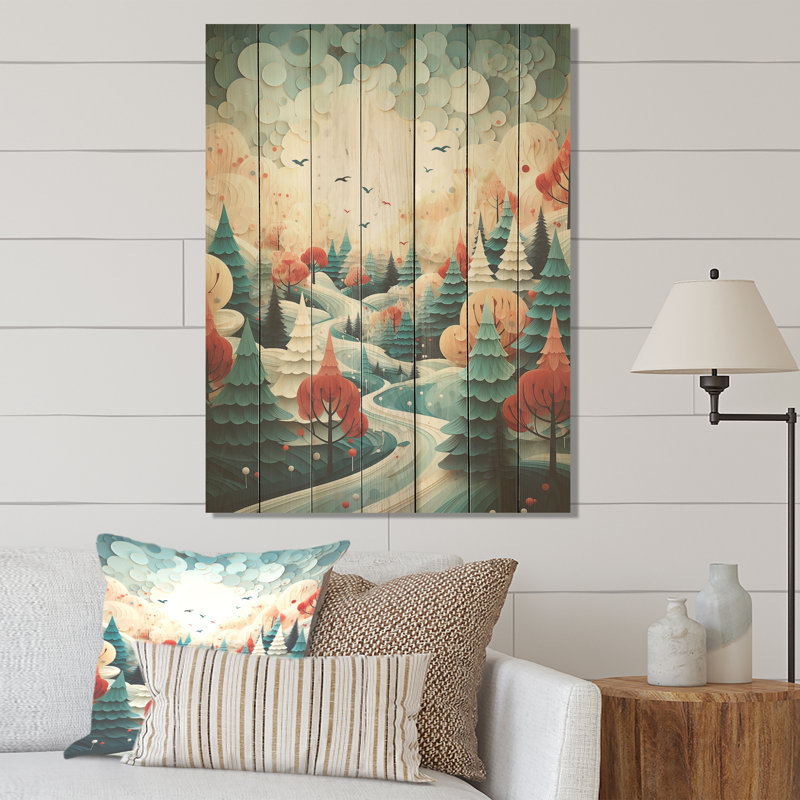 Pin de Noël orange et vert festif II - Forêt sur bois, H 40 po x l 30 po