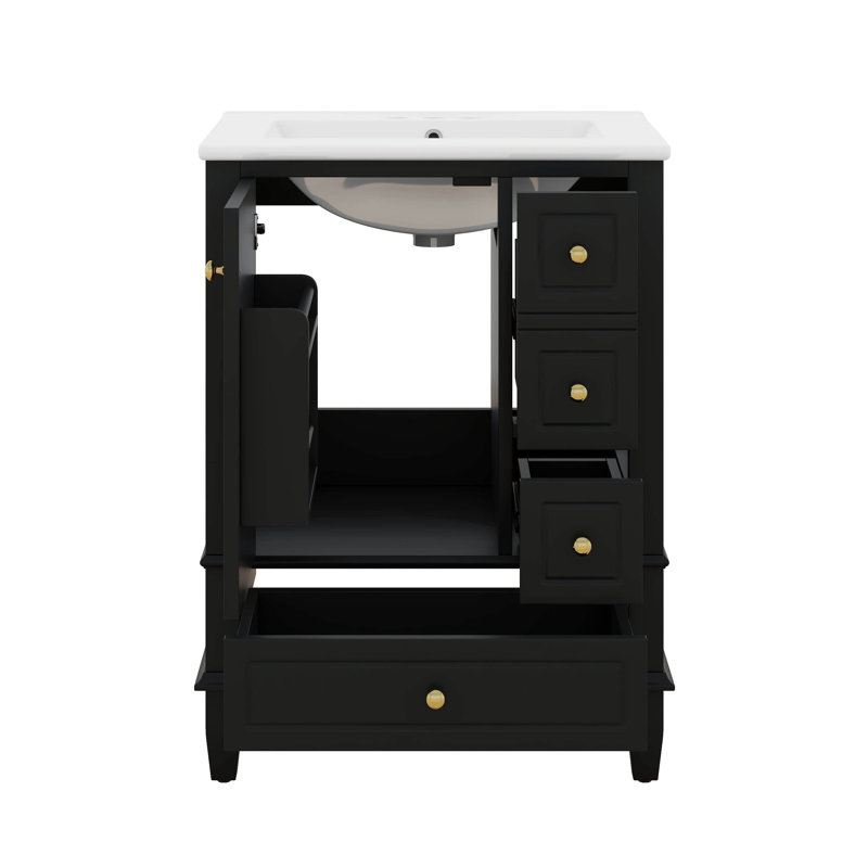 24" Bathroom Vanity With Sink, Single Vanity Set With 3 Drawers And One Door With Storage Racks, Wooden Storage Cabinet