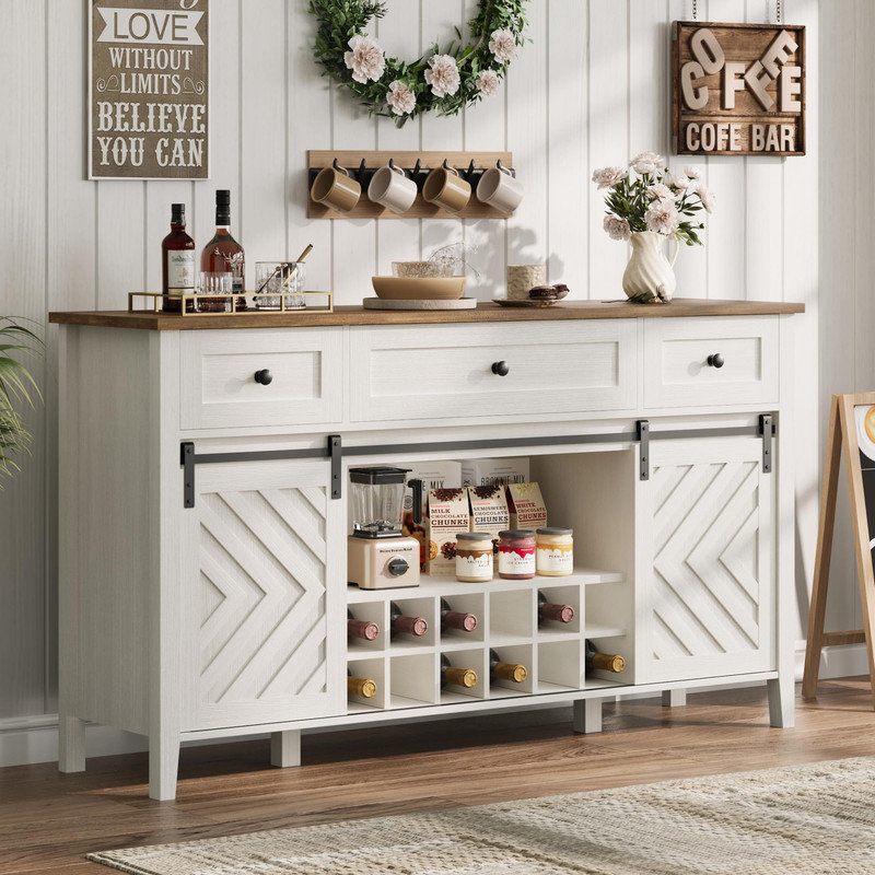59" Farmhouse Buffet Cabinet with Sliding Barn Door, Rustic Sideboard with 3 Drawer & Removable Wine Rack, White, White