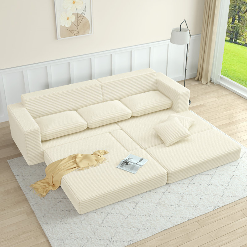 Canapé Boneless à droite, canapé modulaire en forme de L, canapé modulaire compressé en velours côtelé de style minimaliste moderne, déplier dans un lit, chambre à coucher, canapé Comfy