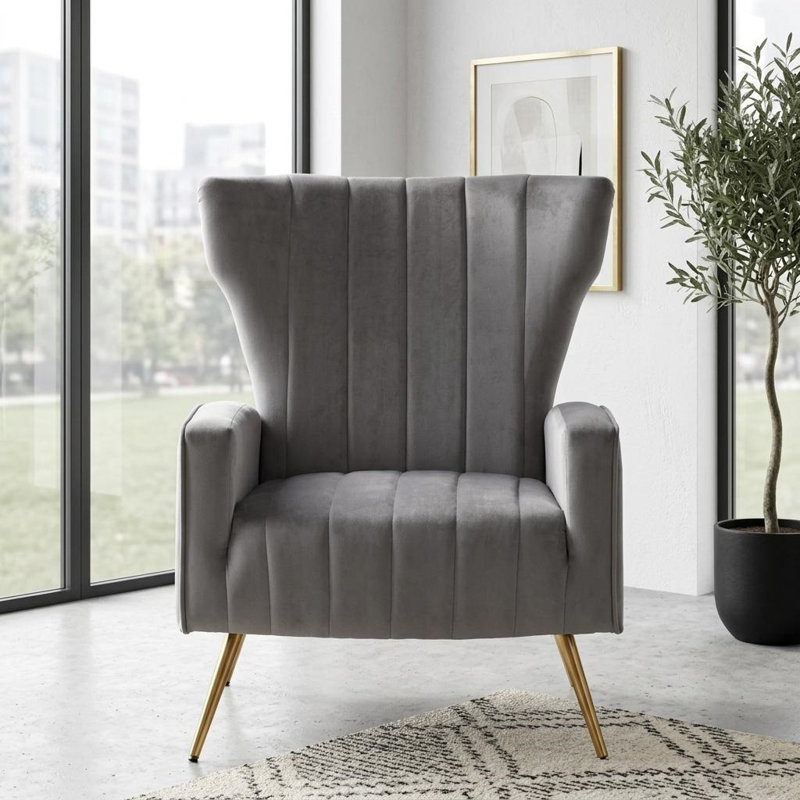 Fauteuil en velours à pieds en métal, Gris