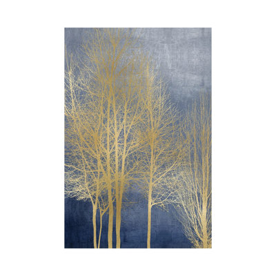 Gold Trees On Blue Panel I by Kate Bennett - Wrapped Canvas Print