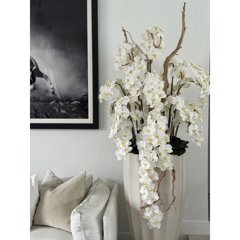 San Jose Planter In Glossy With Cascading Orchids, White, Beige