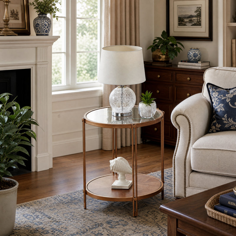 Round Two-Tiered Wooden End Table, Golden