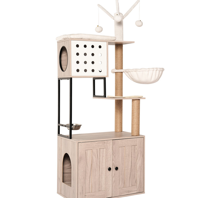 Arbre à chat à 3 niveaux avec bac à litière, gris moderne, avec poteaux à griffer, bol d'alimentation et bâtons détachables, disposition verticale intégrée confortable et peu encombrante, zone de glissement amovible