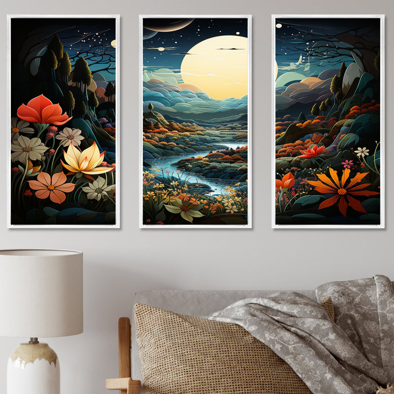 «Yellow Enchanted Meadows Fantasy III - Art abstrait paysage mural», Cadre flottant blanc, H 28 po x l 36 po