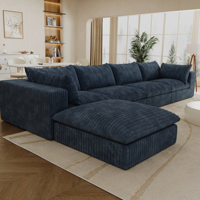 157.6" Blue Corduroy Fabric 5 - Seat Couch With Double Layer Design, Removable Cushion, No Assembly, Diy For Living, Bedroom & Apartment, Feather Filled Seats, Soft And Sponge Support, High Density