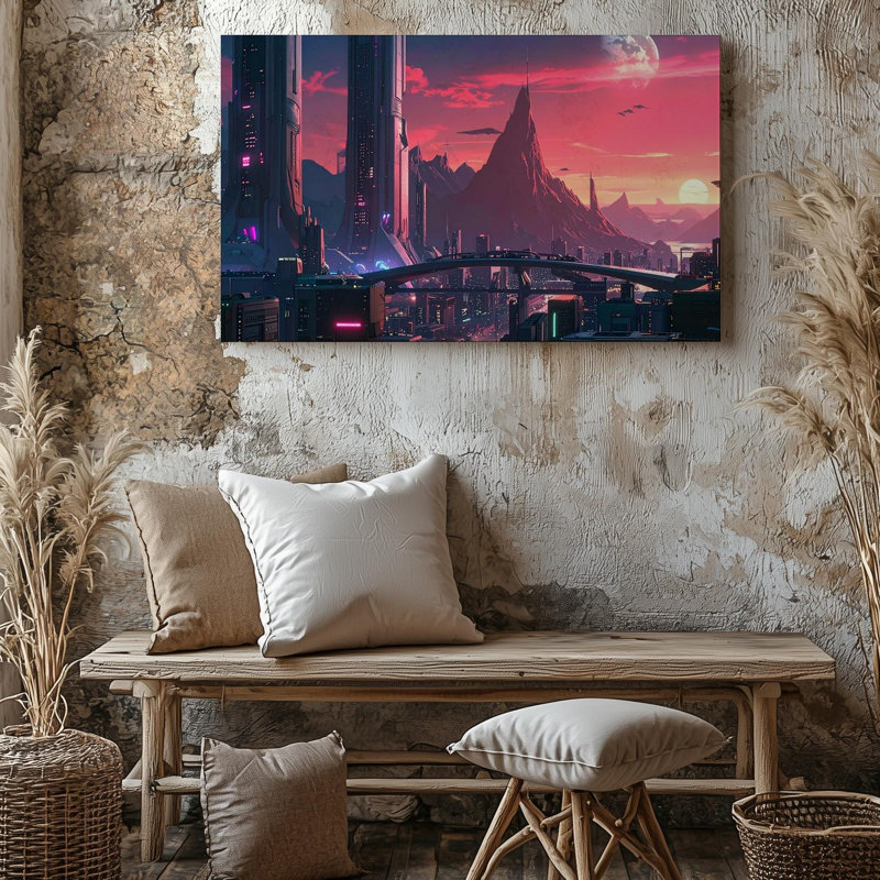 Neon Dusk Sci Fi, paysage urbain sur toile, horizon Cyberpunk, toile, art mural, prêt à accrocher, galerie, décoration intérieure, conception moderne