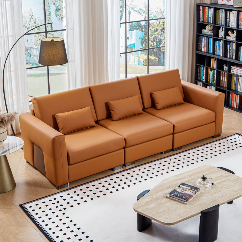 Canapé en cuir orange de 108 po avec 3 coussins carrés, canapé modulaire Mid-Century avec accoudoirs carrés et pieds en métal, sièges rembourrés vintage haut de gamme avec siège profond pour le bureau de la chambre à coucher