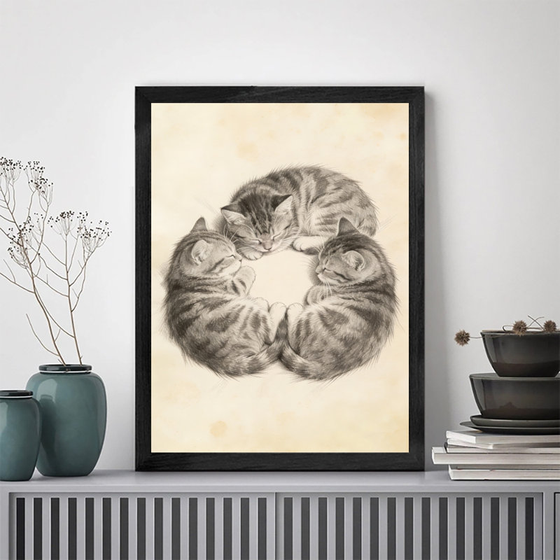 Reproduction d'art encadré noir rétro avec trois chats endormis, H 11 po x l 9 po