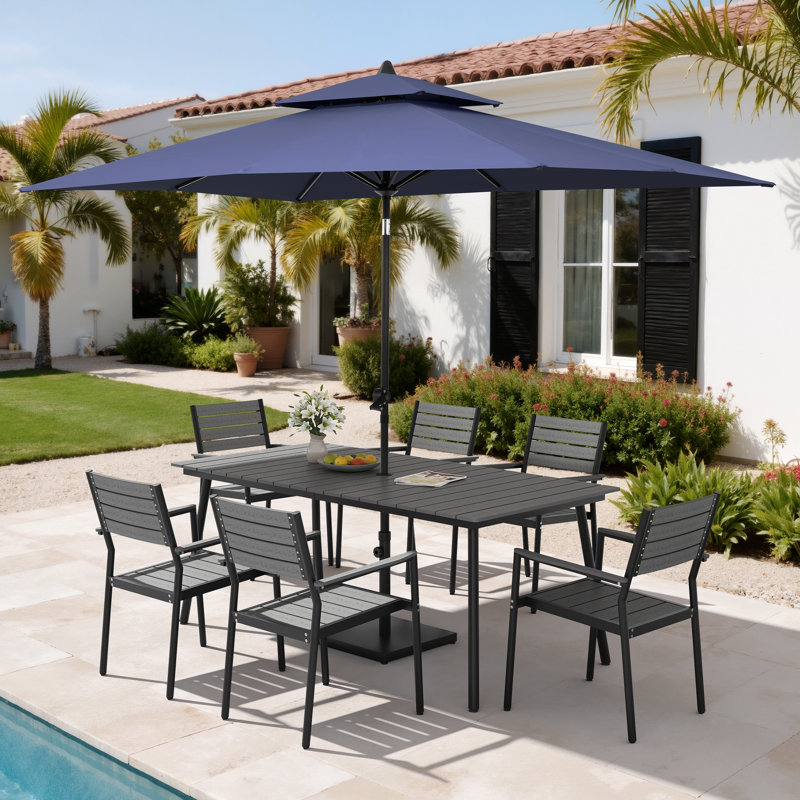 Ensemble repas pour 6 personnes en aluminium avec chaises empilables, parasol de patio et base lestée, Marine, Gris