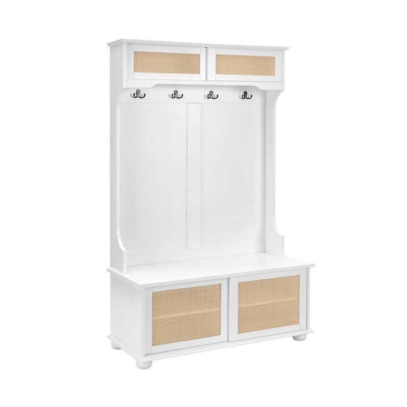 Clothes Hanger Hall Tree Storage Bench Shoe Rack For Entryway, Hall Tree With Bench And Shoe Storage, Hall Tree Entryway Bench With Rattan Door White