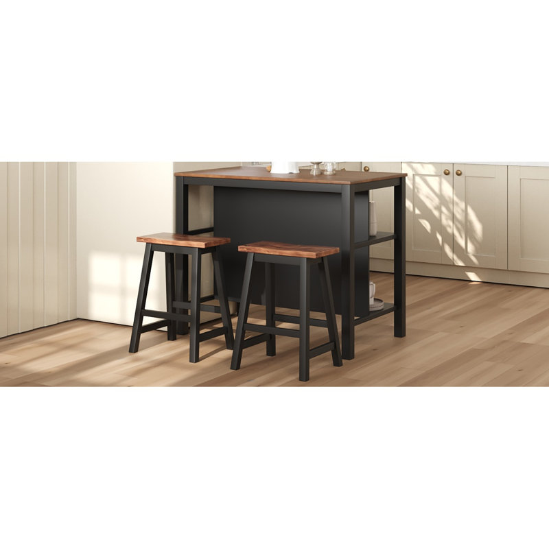 Ensemble d'îlot de cuisine fixe en bois massif 3 pièces 45 po avec 2 sièges, ensemble de table de préparation en bois d'hévéa avec 2 tablettes ouvertes Topmax