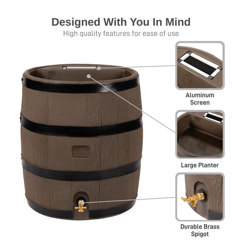 35 Gallon Dark Brown Plastic Rain Barrel with Planter