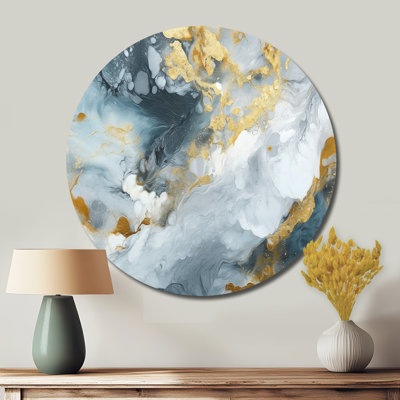 Encre liquide grise et dorée II, art abstrait en métal rond