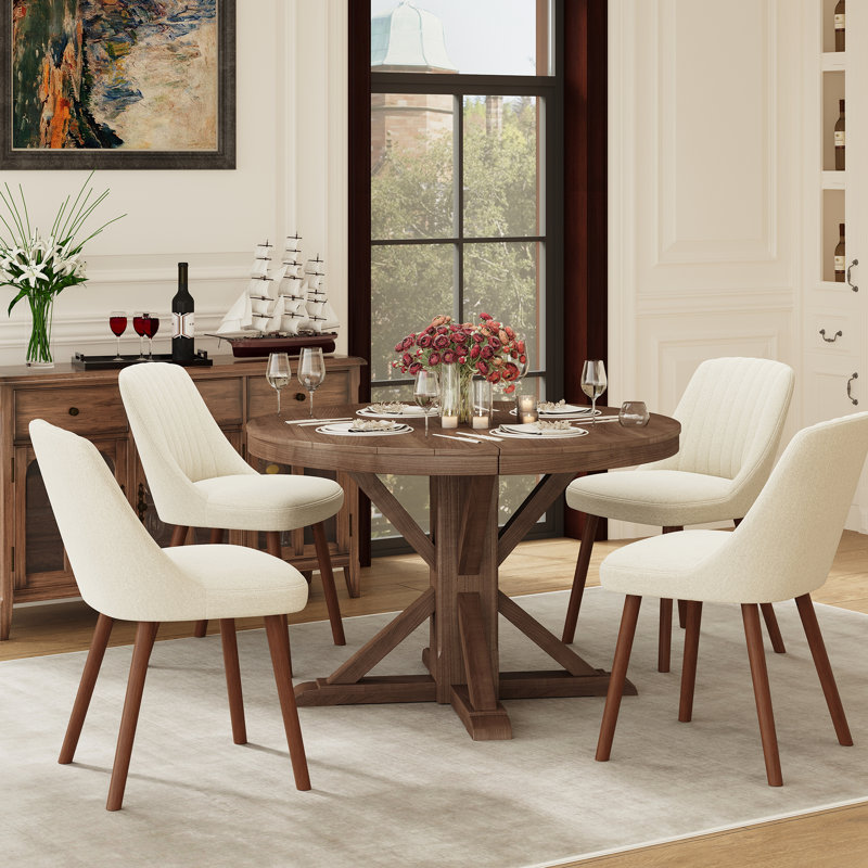 Modern Upholstered Dining Chairs with Solid Wood Legs, Beige