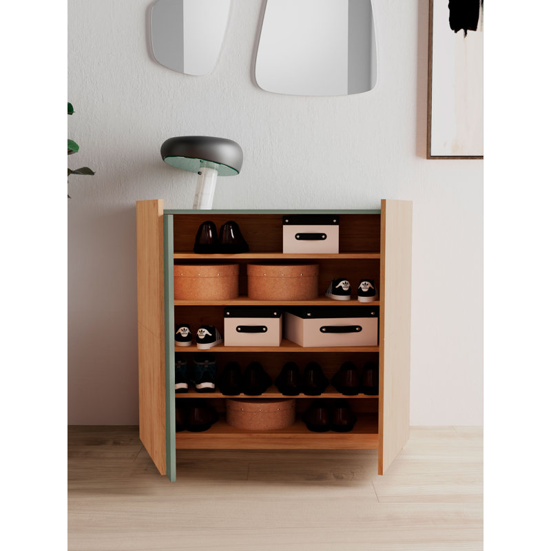 18 Pair Shoe Storage Cabinet, Light Oak Green