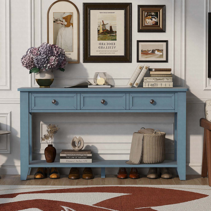 Console de 55,4 po avec 3 tiroirs - Buffet en peuplier et canapé étroit, Café noir