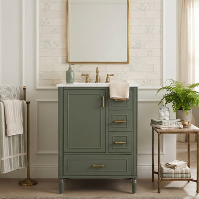 24" Modern Bathroom Vanity with Ceramic Sink & 1 Door Rack & 3 Drawers and Solid Wood Frame (Olive Green)