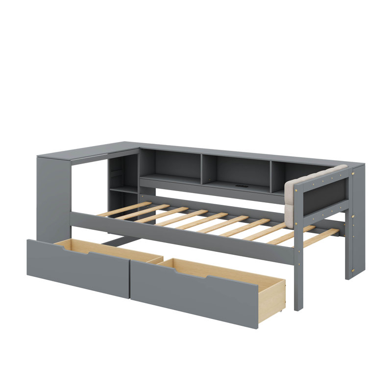 Lit plateforme avec tablettes de rangement, tiroirs, station de charge et tête de lit tapissier, Simple, Crème, crème