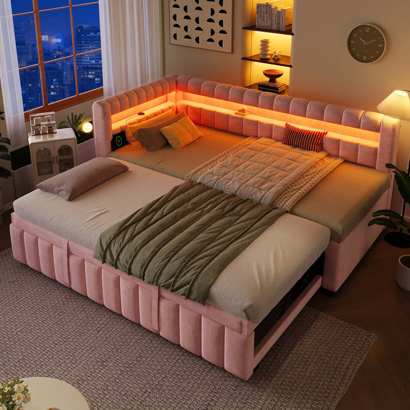Lit de jour simple TG avec très grand lit avec lumières DEL, USB et lit gigogne escamotable, blanc, Pink