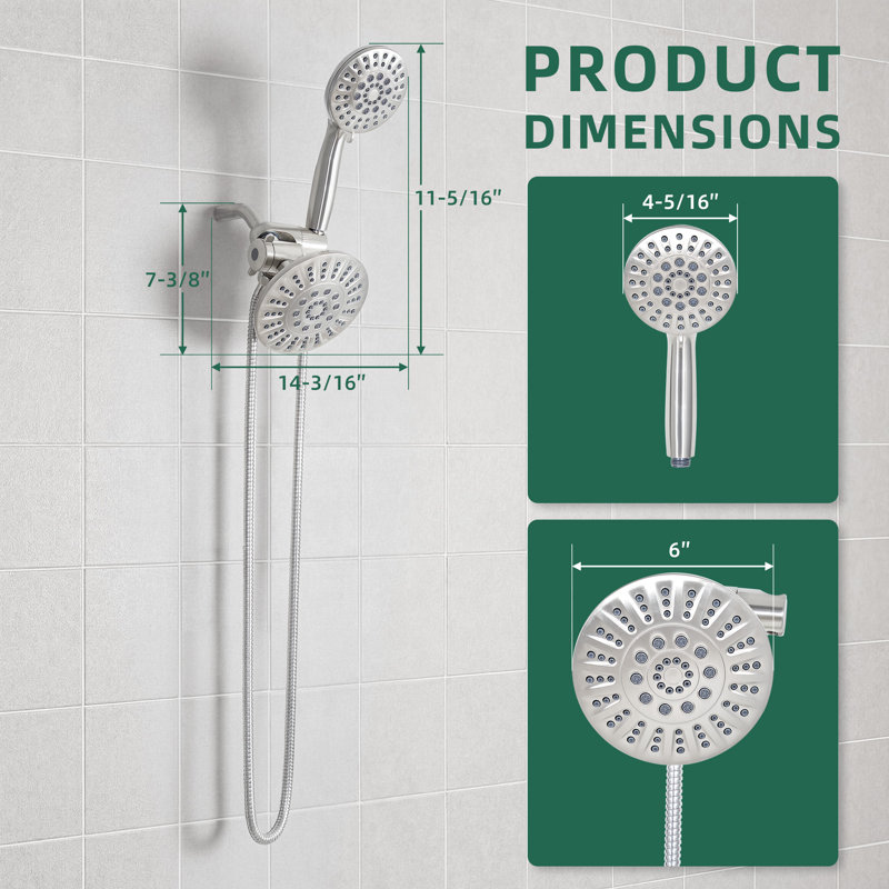 Akicon 2-in-1 Dual Shower Head, 6-Setting High Pressure Rain Shower Head with Handheld Spray, Round Showerhead with Adjustable Angle, Anti-Clog Nozzles for Bathroom, 2.5 GPM Flow Rate