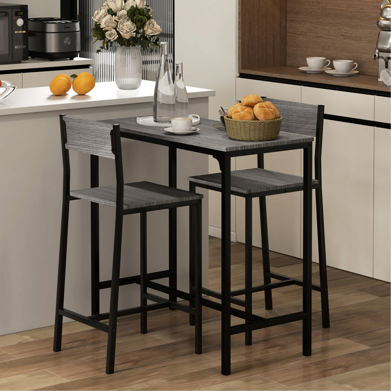 Ensemble 3 pièces de bar industriel gris, à hauteur de comptoir, pour 2 tables compactes et 2 chaises, table grise, petit déjeuner Saving