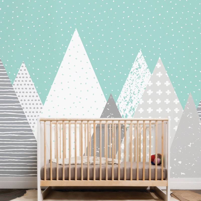 Rouleau de papier peint adhésif pour enfants montagnes Sandoval, H 96 po x l 120 po, Menthe / Blanc