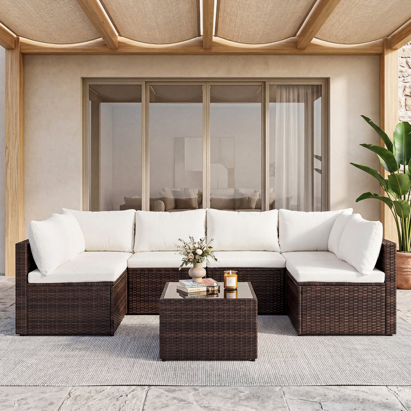 7-piece Modular Patio Conversation Sets with Cushions and Tempered Glass Table, Brown