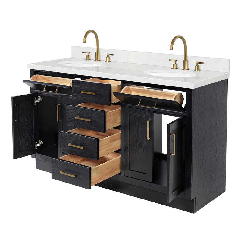 Meuble-lavabo double en bois massif Thornaby avec plateau en quartz Carrara de 1,5 po, Ovale, Chêne noir / laiton satiné