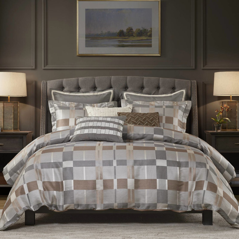 Édredon pour grand lit de 8 pièces en taupe, géométrique multicolore, damier classique, ensemble de literie de luxe, trop rembourré pour un confort maximal et une chaleur accrue