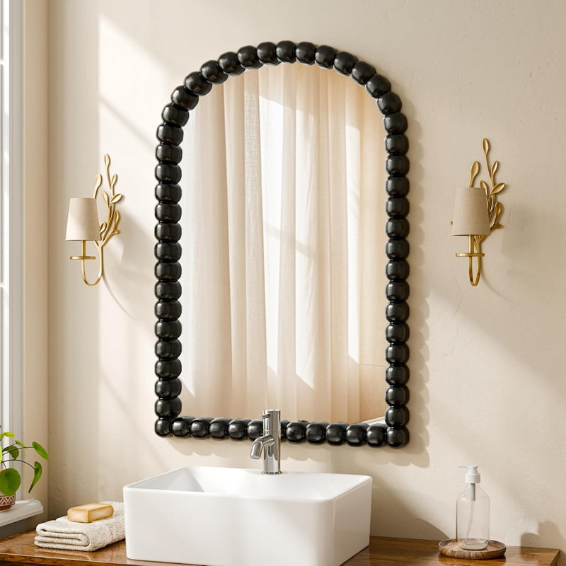 Arched Bathroom Wall Mounted Vanity Mirror, Vintage Beaded Decorative Makeup Mirror, 24" x 36", Black