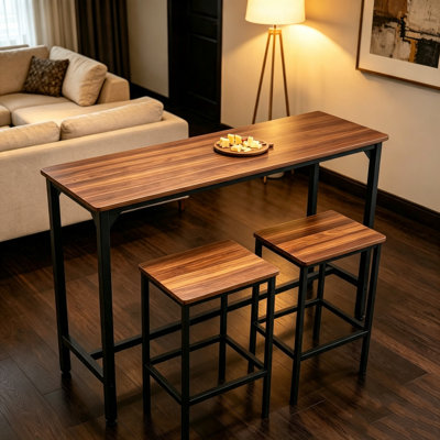 Table de bar, ensemble de tables de bar 3 pièces 47 po, tables de bar et ensemble de chaises à bords arrondis, table de pub rectangulaire avec deux tabourets pour bureau, coin déjeuner, mini-bar, brun rustique, noir