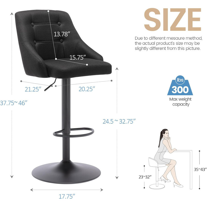 Tabouret de bar pivotant avec dossier, tabouret de bar touffeté en tissu réglable, fauteuil de bar rembourré à hauteur de comptoir pour la cuisine et le café