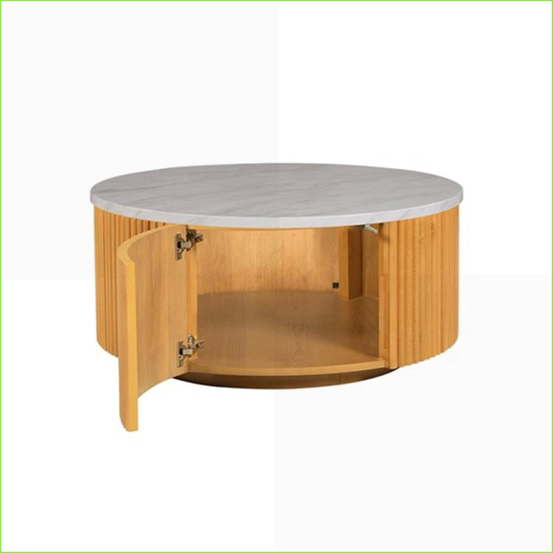 Table basse de rangement ronde en faux marbre blanc avec base en bois naturel, aucun assemblage requis